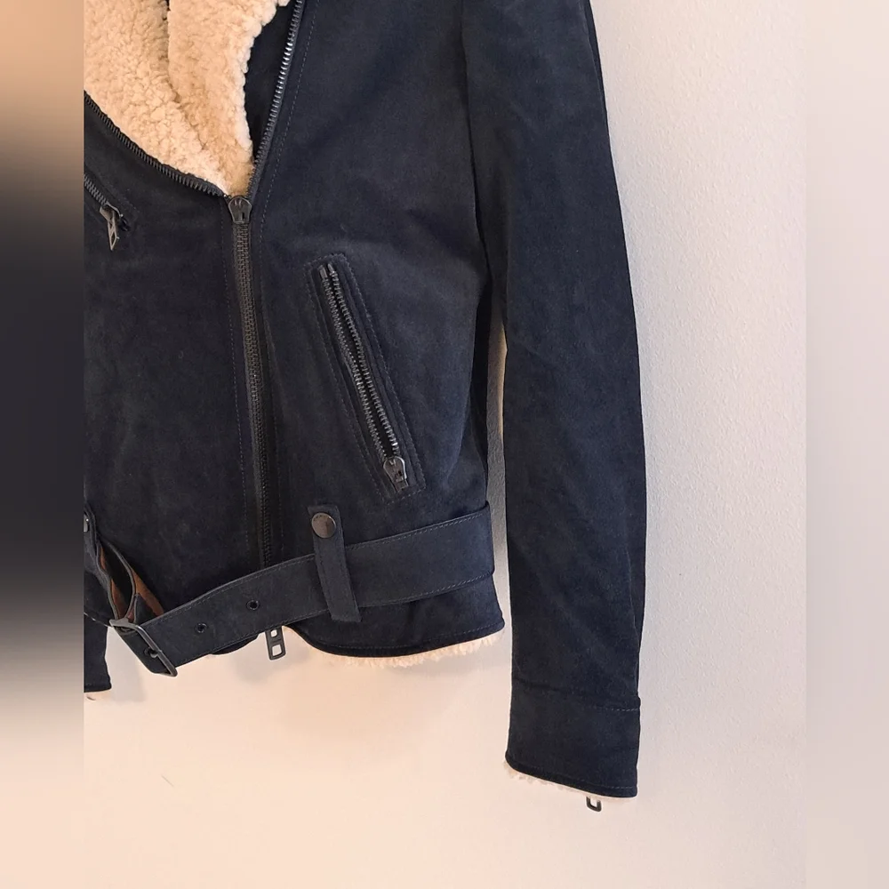 Coach Blue Suede Motorcyle Jacket with Cream Shearling  Collar Misses Size MED